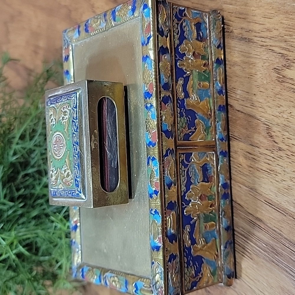 Antique Cloisonne Brass Cigarette & Matchbox Holder - Picture 3 of 14
